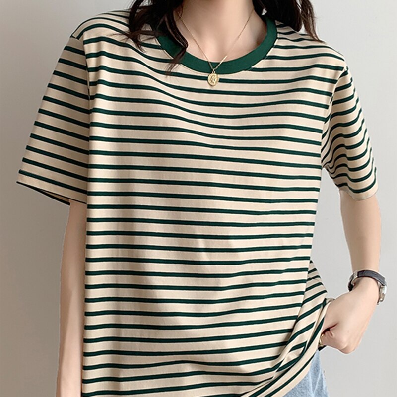 Wenkouban Summer New Striped T Shirt Women Fashion Korean Loose Tshirt Top O Neck Casual Basic Tee Shirt Female Short Sleeve Tee T-Shirt