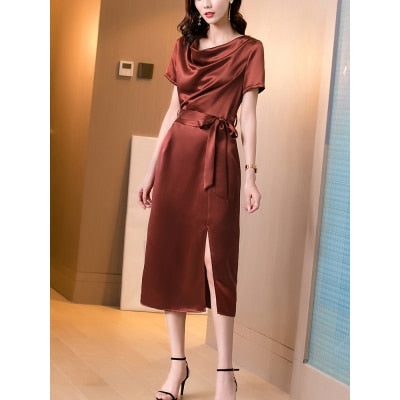 Graduation gift New Arrival Elegant O Neck Dresses Women Satin Office Lady Formal Business Work Slim Lace Up  Clothes