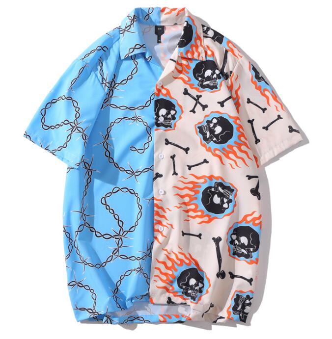 Wenkouban 2023 Hip Hop Shirt Streetwear Men Hawaiian Shirt Fire Skull Chain Harajuku Beach Shirt Hiphop Shirts Summer Tops Short Sleeve