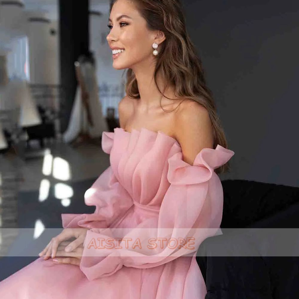 Pink Organza Formal Evening A Line Dresses 2023 Off the Shoulder Puff Sleeve Tea Length Prom Downs Vestidos De Fiesta Custom