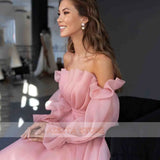 Pink Organza Formal Evening A Line Dresses 2023 Off the Shoulder Puff Sleeve Tea Length Prom Downs Vestidos De Fiesta Custom