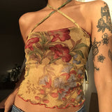 Wenkouban Ladies Summer Sexy Midriff-Baring Camisole Women Floral Printing Stringy Selvedge Hem Hanging Neck Sleeveless Mesh Tops