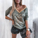 Graduation Gifts  2022 Autumn Women Casual Daily Wear T-shirts Fall Clothing Long Sleeve Deep V Neck Letter Print Drop Shoulder Top