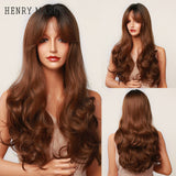 Ombre Brown Blonde Wig Long Deep Wavy Synthetic Wig with Bangs for Women Cosplay Party Heat Resistant False Hair