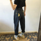 Wenkouban Fashion Sun Star Printed Pants Jeans Women Autumn Black High Waist Young Girls Chic Denim Trousers Woman Cool Boyfriends Jeans