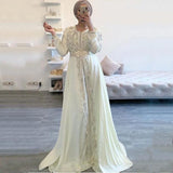Wenkouban Lace Beaded White Ivory Moroccan Caftan Dress Long Sleeve Islamic Dubai Saudi Arabic Formal Evening Dress Abaya Prom Dress