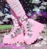 Wenkouban High Wedges Buckle Zipper Women Boots Punk Cool Street Thick Heel Shoeslace Autumn Ladies Shoes