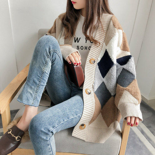 Cardigan sweater spring and autumn retro French lazy style knit cardigan women's mid-length net red cardigan jacket