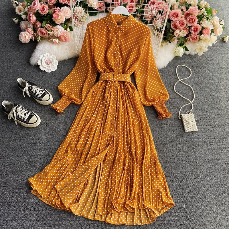 Graduation gift Spring And Summer French Vintage Maxi Dress 2022 Sundress Ladies Long Sleeve Orange Polka Dot Chiffon Pleated Dresses Femme Robe