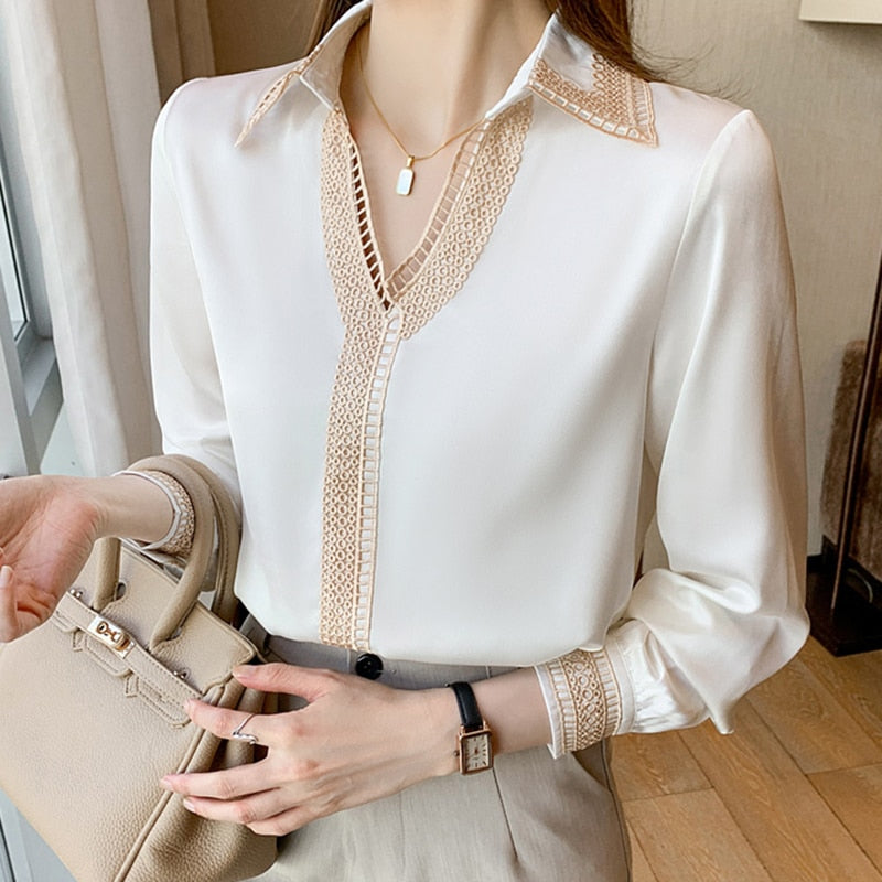 Graduation Gifts   Hollow Out White Embroidery Blouse Women Autumn New Long Sleeve Chiffon Shirt Tops Elegant Lapel V-neck Office Lady Shirts 15939