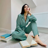 Hiloc Turn Down Collar Trouser Suits Silk Pajamas For Women Sleepwear Elegant Home Pajama Sets Womens Outfits Satin Nightgowns