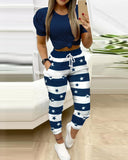 Back to School Women Fashion Casual Two-Piece Set Suits Set Female Spring Summer Clothes Short Sleeve Top &Striped Star Drawstring Pants Set