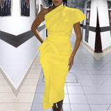 Wenkouban Women Elegant Sexy Solid Yellow Cocktail Midi Dresses Asymmetrical One Shoulder Ruched Formal Party Dress vestiti donna