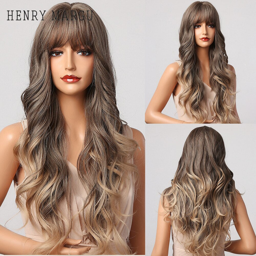 Ombre Brown Blonde Wig Long Deep Wavy Synthetic Wig with Bangs for Women Cosplay Party Heat Resistant False Hair