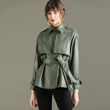 Wenkouban  2022 Spring Autumn Lapel Faux Leather Jacket Women Green PU Coat Simplicity Loose Jackets Office Lady Outwear With Belt