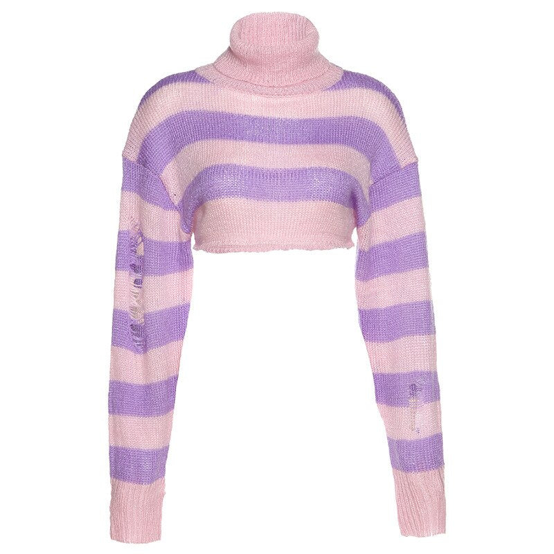 Wenkouban 2022 Women Turtleneck Sweater Pink And Purple Striped Hole Cropped Pullover Sweaters Fashion Batwing Sleeve Knitwear Clothing