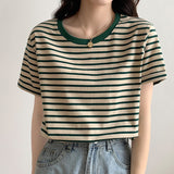 Wenkouban Summer New Striped T Shirt Women Fashion Korean Loose Tshirt Top O Neck Casual Basic Tee Shirt Female Short Sleeve Tee T-Shirt