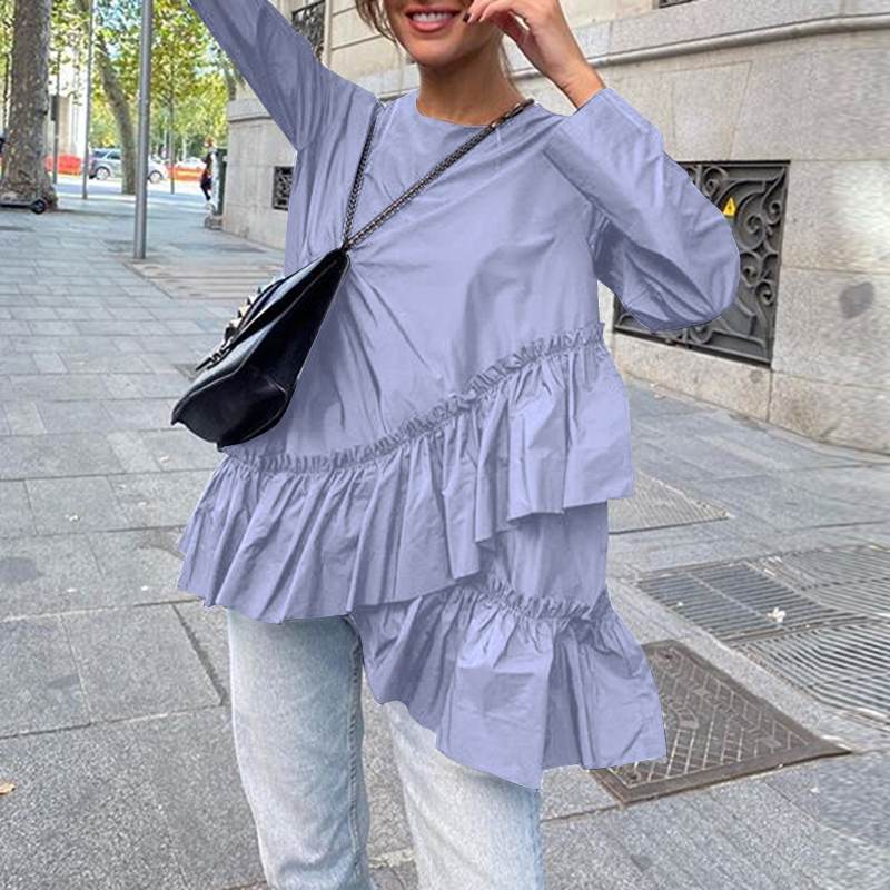 Wenkouban Stylish Tops Women Long Sleeve Asymmetrical Blouses Round Neck Elegant Ruffles Top Casual Tunic Blusas Femme