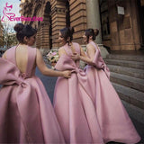 Lovely Ankle Length Bridesmaid Dresses 2021 Backless Bow Short Pink Maid of Honor Plus Size Wedding Guest Party Gowns