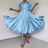 Sexy V-Neck Elegant Satin Shirt Dress 2022 Women Summer Sundress Casual Puff Sleeve Bandage Pleated Solid Party Vestidos