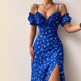 Graduation Gifts Women’s Off Shoulder Frilly Suspender Dress Party Summer Ladies Short Sleeve V-neck Split Mid-length Dress Floarl A-Line