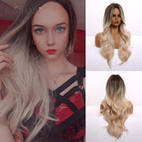 Wenkouban  Long Body Wave Wigs Ombre Black Brown Blonde Synthetic Wig Cosplay Middle Part Natural Heat Resistant Wig For Women