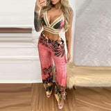 Graduation Gifts  2022 Summer Women Sexy Two Piece Holiday Wear V Neck Sleeveless Tropical Print Lace Trim Crop Top & Slit Casual Long Pants Set