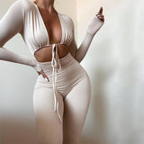 Wenkouban Long Sleeve  Bodysuit Women Jumpsuits Solid Color Female Deep V-Neck Tied Up Rompers Fitness Front Hollow Out Long Pants  2023