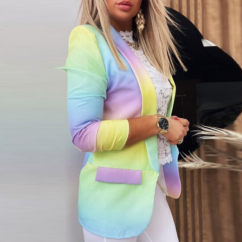 Wenkouban  2022 Autumn Colorful Printed Notched Collar Blazers Women Casual Long Sleeve Tops Elegant Office Lady Suit Coats