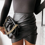 InstaHot Women Faux Leather Skirt Pleated Asymmetric Black High Waist Slim Mini Skirt 2020 Fashion Elegant Casual Ruched Skirt