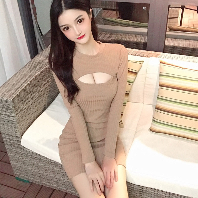 Wenkouban Korean Hollow Chest Long Sleeve Slim Solid Color Spring Ladies Clothing Hot Girl Sexy Mini Dress