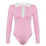 Graduation Gifts Autumn Knitted Bodysuit Women Elegant Long Sleeve Body Top Streetwear Houndstooth Plaid Playsuits Ladies Bodycon Tee