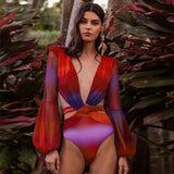 Wenkouban New One Piece Swimsuit Print Retro Long Sleeve Swimwear Women Bandage Floral Bathing Suits Strappy Backless Beach Wear