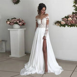 Lace Appliques Wedding Dresses 2021 Off the Shoulder A-Line High Side Slit Long Sleeve Chiffon Court Train Beach Bridal Gowns