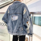 Wenkouban Loose Women Denim Jacket Vintage Harajuku Jeans Jacket Female Casual Fashion Turn-Down Collar Single-Breasted Oversized Coat