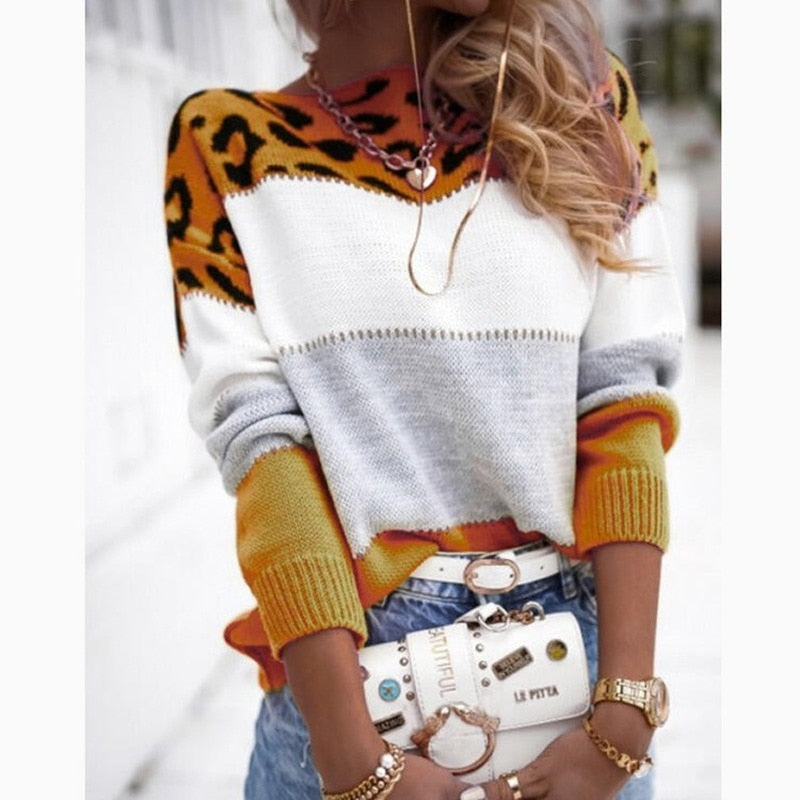 Wenkouban Fall 2022 Leopard Knitted Sweater Women Fashion O-Neck Pullovers Full Sleeves Loose Crop Sweater