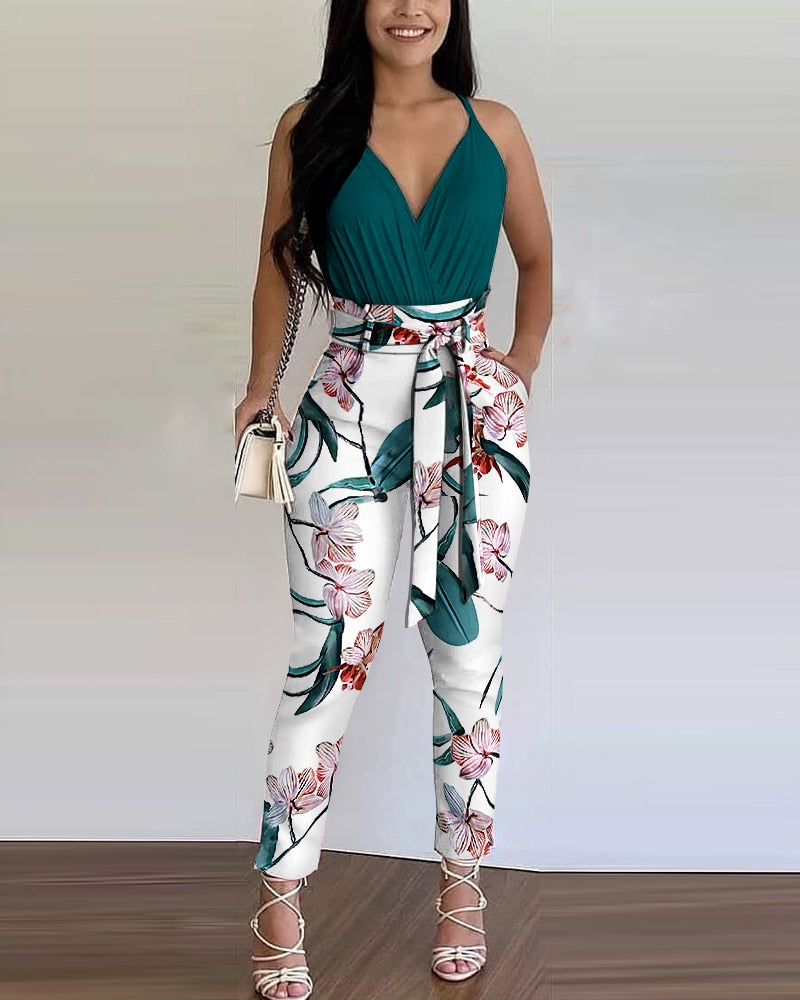 Wenkouban Women 2 Pieces Set Summer Plain Ruched Top Floral Print Pants Colorblock With Belt 2023 Femme Casual Outfits y2k