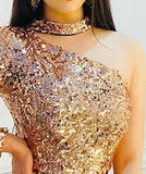 Wenkouban Women Fashion Elegant One Shoulder Sequins Bodysuit Glitter Long Sleeve Party Top