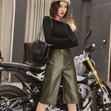 Graduation Gifts Plus Size British Style Autumn Winter Women's PU Leather Short High Waist Motor Five Point Trouser Casual Straight Overalls