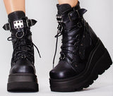 Wenkouban High Wedges Buckle Zipper Women Boots Punk Cool Street Thick Heel Shoeslace Autumn Ladies Shoes