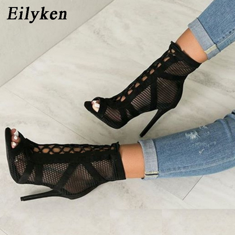 Wenkouban 2022 Fashion Black Summer Sandals Lace Up Cross-tied Peep Toe High Heel Ankle Strap Net Surface Hollow Out Sandals