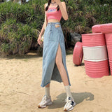Wenkouban Hem Single Slits Zipper A-Line High Waist Side Slit Denim Casual Long Skirt Female Summer 2023 New Thin Girl Bag Hip Ins Tide