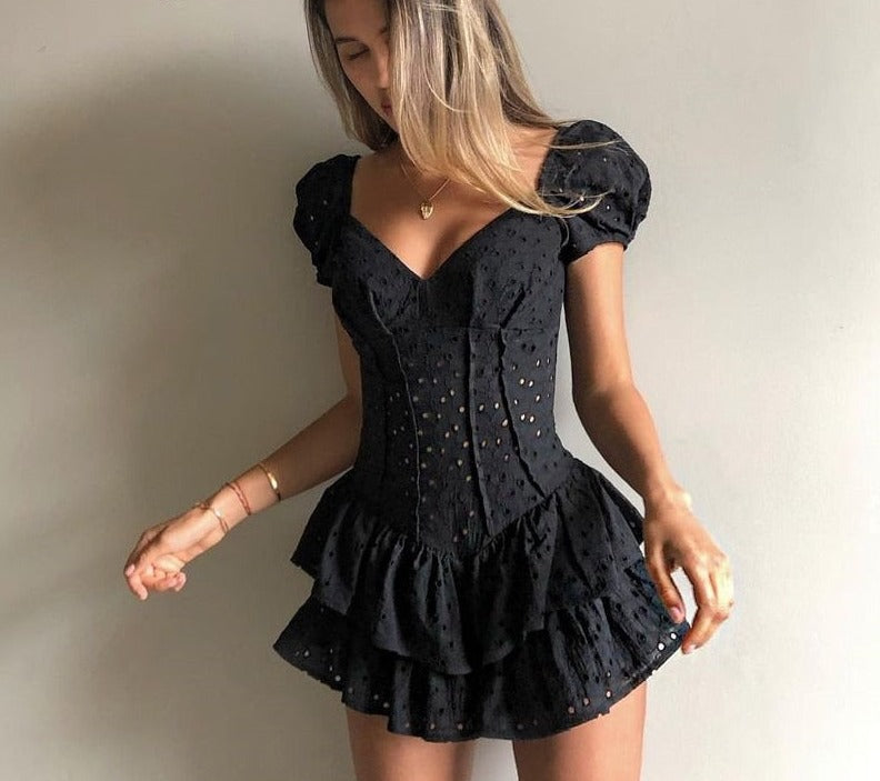 Wenkouban Fashion V Neck Ruffles Pleated Dress Women Puff Sleeve Chic Black Summer Dress Party Hollow Out Vintage Corset Ladies