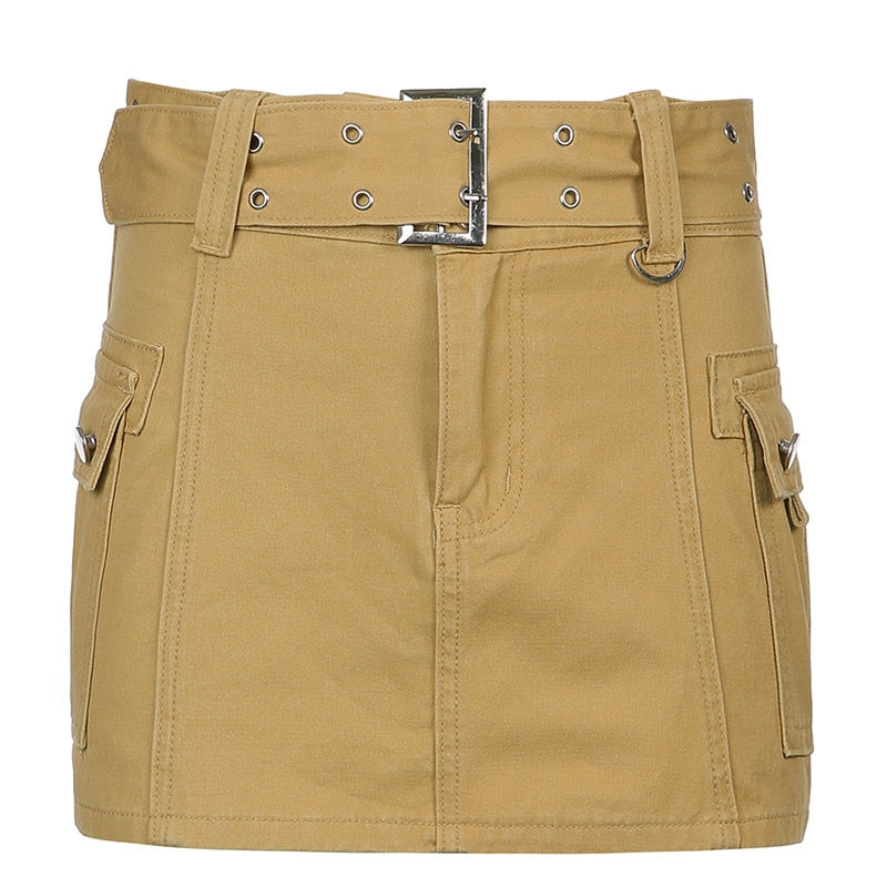 Y2K Low Waist Micro Skirts Summer Clubwear Bottoms Sexy Basic Belted Mini Skirt Streetwear Pockets White Denim Skirt