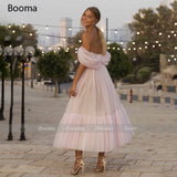 Wenkouban Blush Pink Short Prom Dresses 2022 Off Shoulder Tiered Skirt A-Line Party Dresses Pleated Tea-Length Tulle Formal Gowns