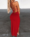 Wenkouban Women Sexy Backless High Split Maxi Party Dress Solid Color Spaghetti Strap Bandage Slit Long Dress