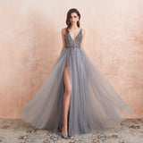 Sexy V-Neck Long Prom Dresses 2020 Beaded Beading Crystal High Splits Backless A-Line Formal Gown Party Dress