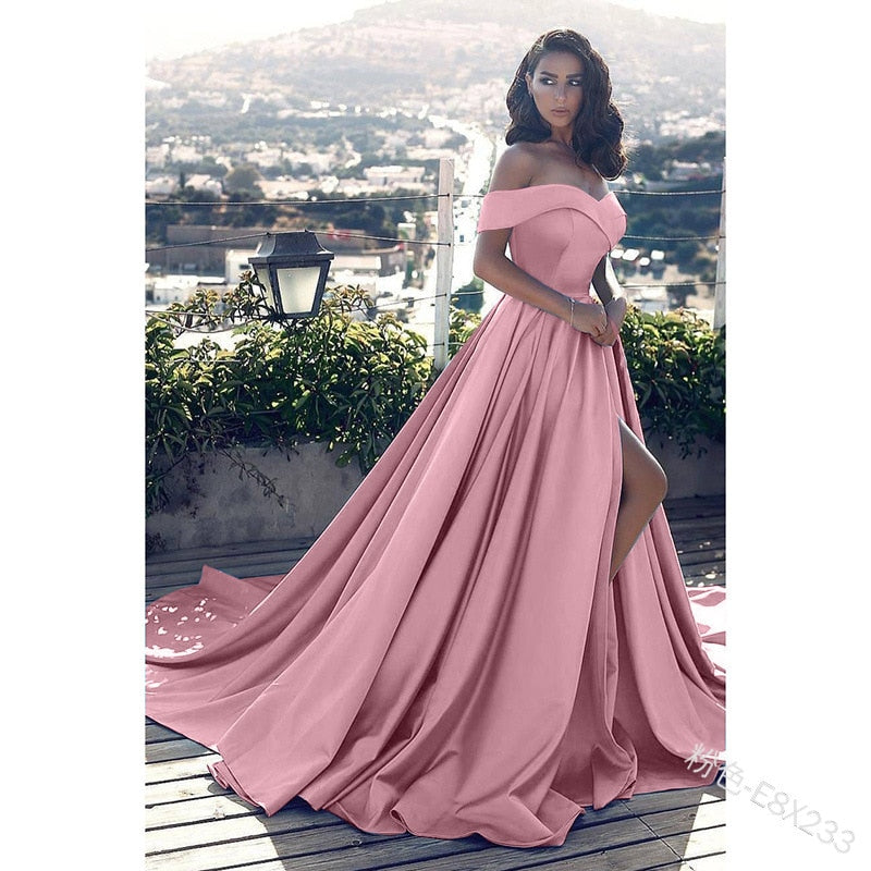 Fashion Elegant Boat Neck Evening Dresses for Women Party Classy Night Lady Sexy Off The Shoulder Slit Ball Gown Prom Vestidos