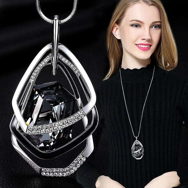 Wenkouban Long Black Crystal Necklaces & Pendants Fashion Gold Silver Color Chain Rhinestone Geometric  Necklace Jewelry For Women 2022