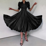 Sexy V-Neck Elegant Satin Shirt Dress 2022 Women Summer Sundress Casual Puff Sleeve Bandage Pleated Solid Party Vestidos